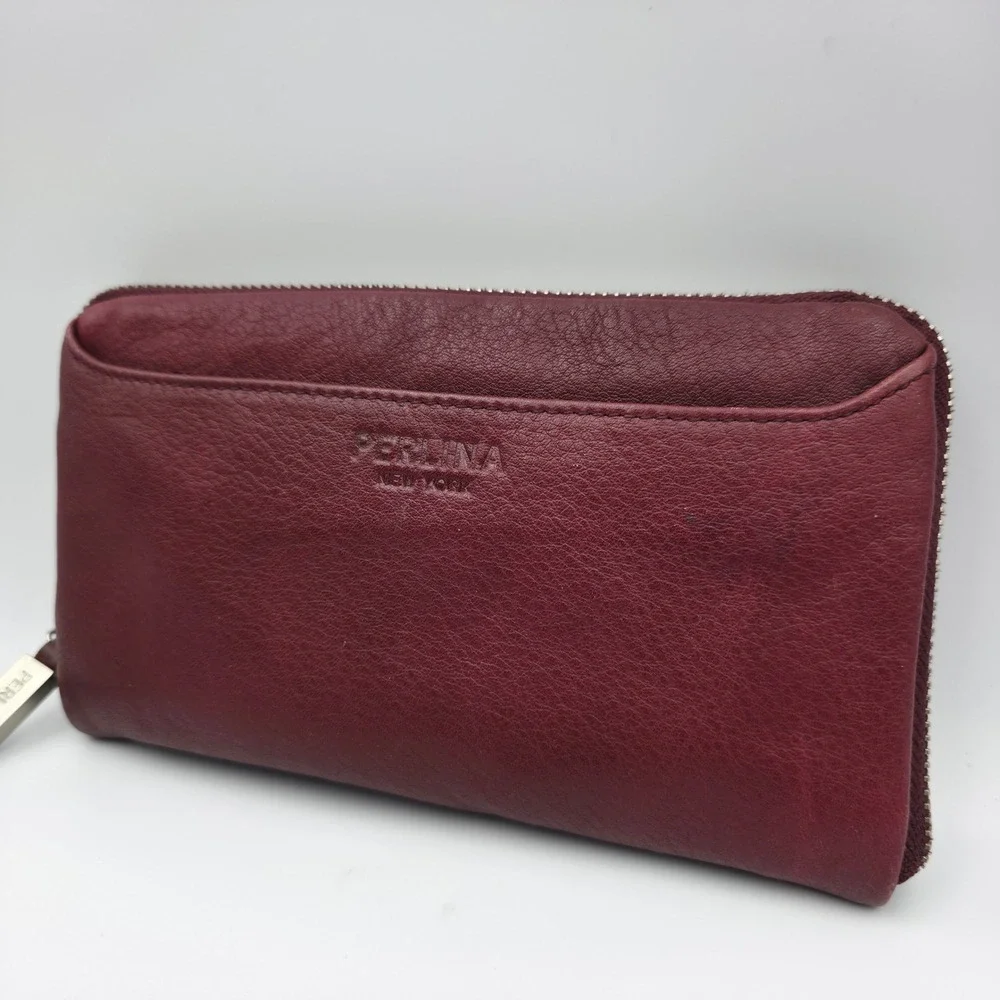 Perlina New York Burgundy Leather Zip Around Wallet Leopard Print Interior